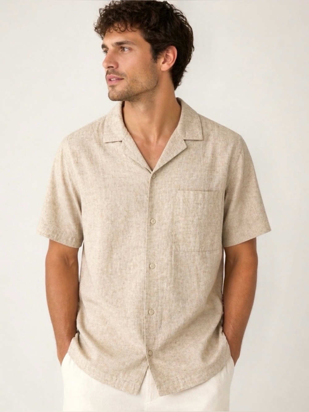 H&M Regular Fit Linen Blend Resort Shirt Button Up Men M Light Beige